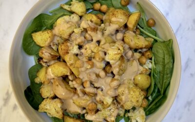Roasted Cauliflower Potatoes and Chickpeas with Tahini Dressing